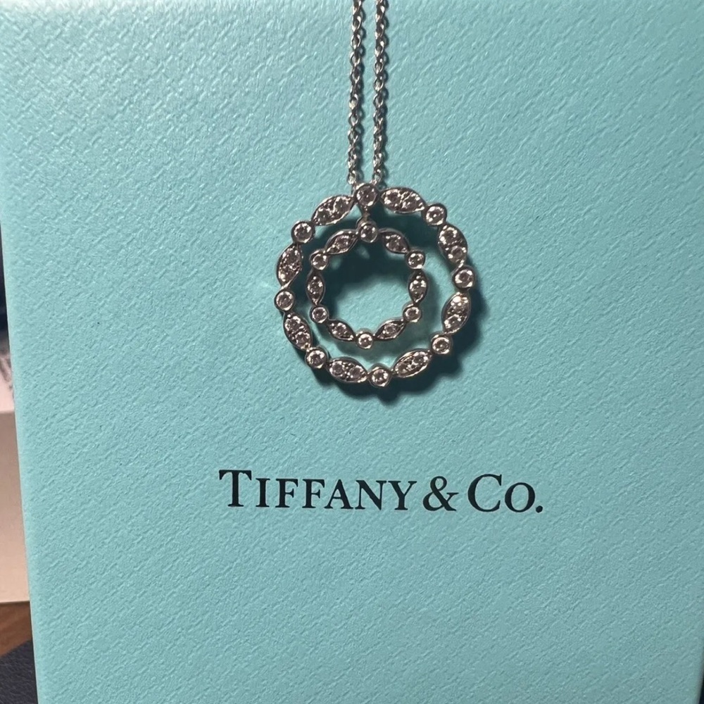 Tiffany& CO Platinum Jazz Swing Diamond DBL Circle Pendant .60tcw
